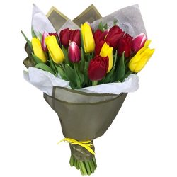 Фото товара 21 червоно-жовтий тюльпан у подвійній упаковці в Киеве
